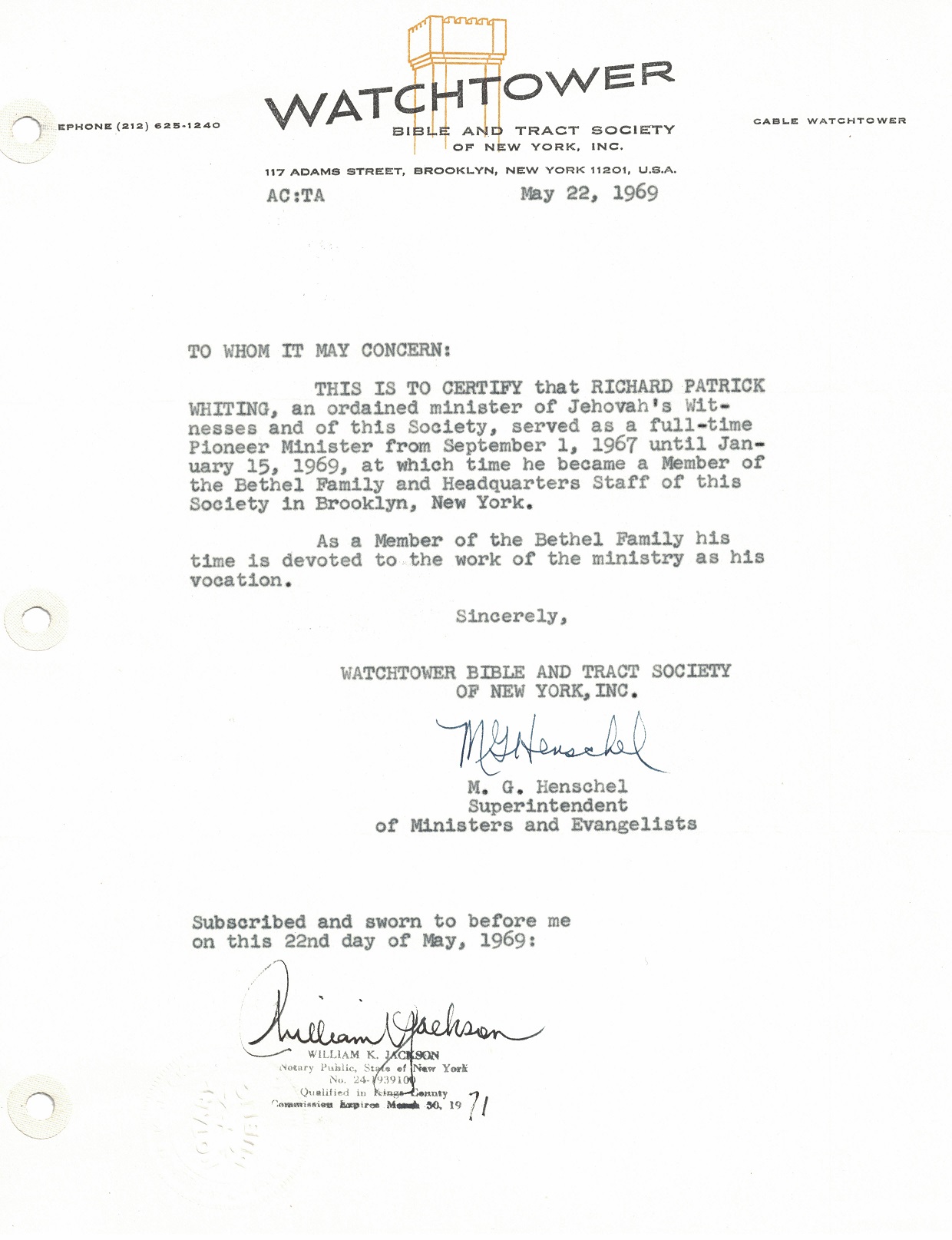 Bethel confirmation letter for a draft board